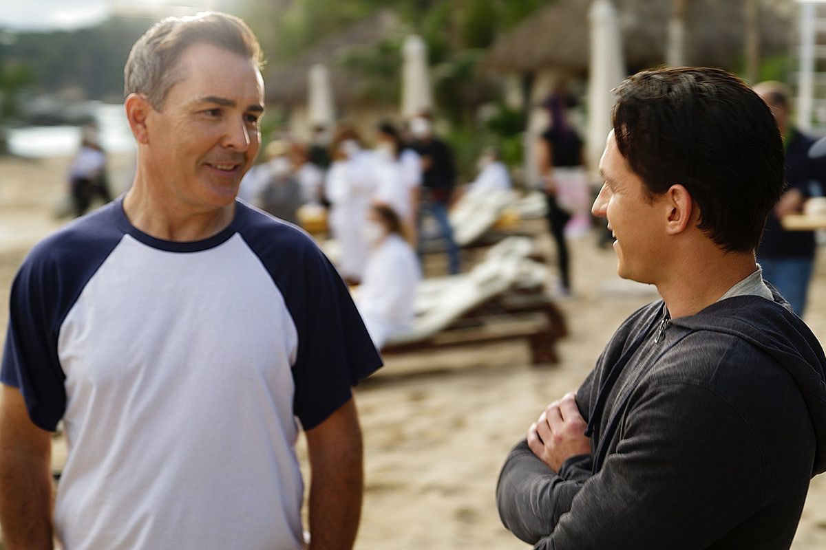 nolan north and tom holland on the beach on the set of Uncharted