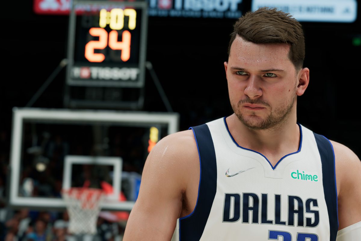 Luka Doncic with a backboard behind him in NBA 2K22