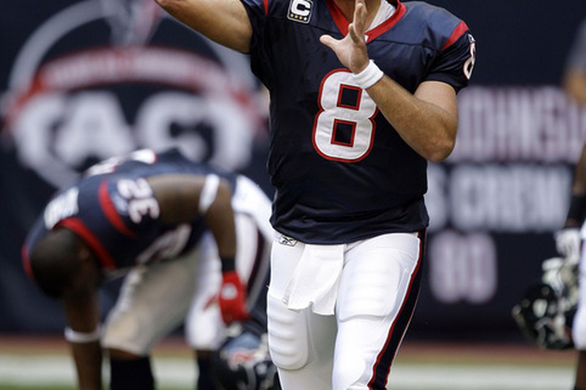 HOUSTON - OCTOBER 17:  Quarterback Matt Schaub #8 of the Houston Texans throws passes during warm ups before playing the Kansas City Chiefs at Reliant Stadium on October 17 2010 in Houston Texas.  (Photo by Bob Levey/Getty Images)