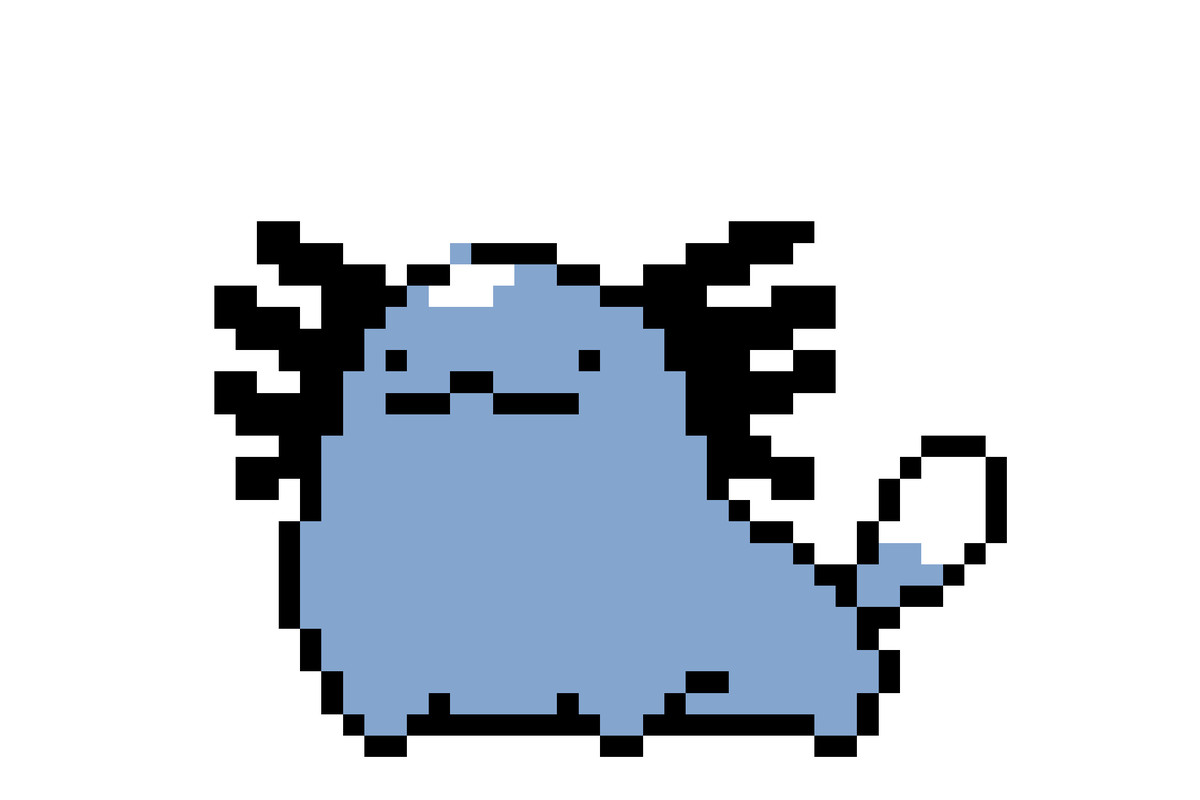 an early version of Wooper, a blue Pokémon with a blue and white tail and black fur projecting out from its head