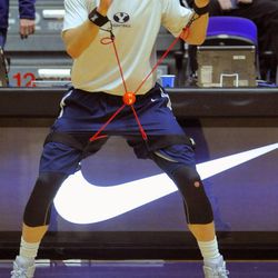 BYU's Tyler Haws warms up prior to the first half of an NCAA college basketball game against Portland in Portland, Ore., Thursday Feb. 26, 2015.