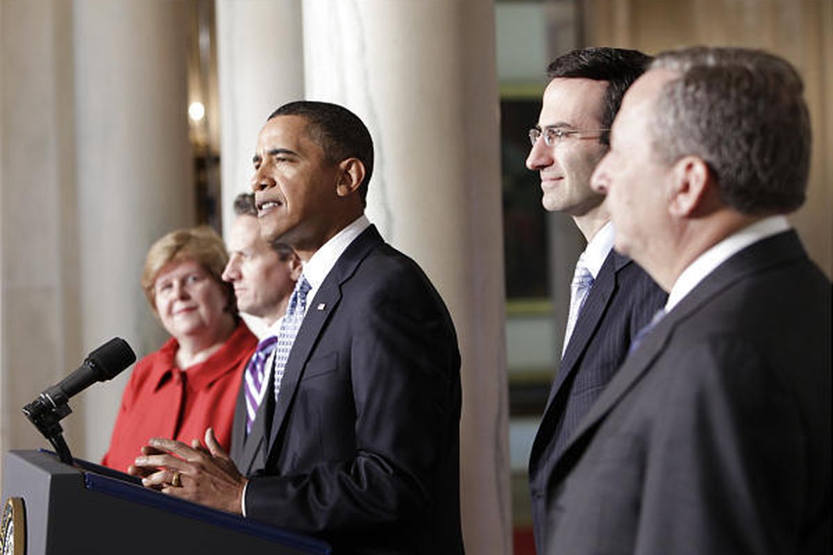 President Barack Obama delivers a statement on his budget that he sent to Congress, Monday. From left are, Council of Economic Council Chair Christina Romer, Treasury Secretary Timothy Geithner, the president, Budget Director Peter Orszag and chief econom