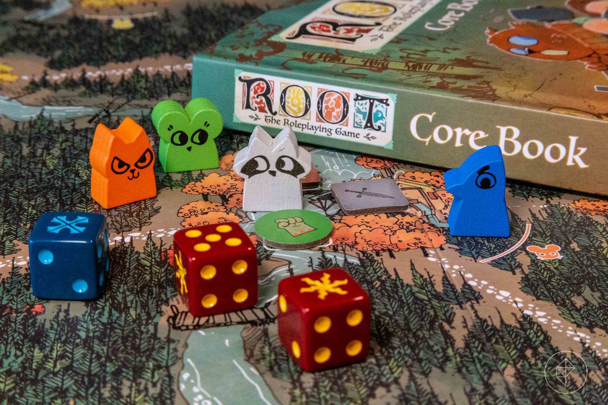 A group of woodland denizens surrounds a band of Vagabonds on top of the original Root game board.