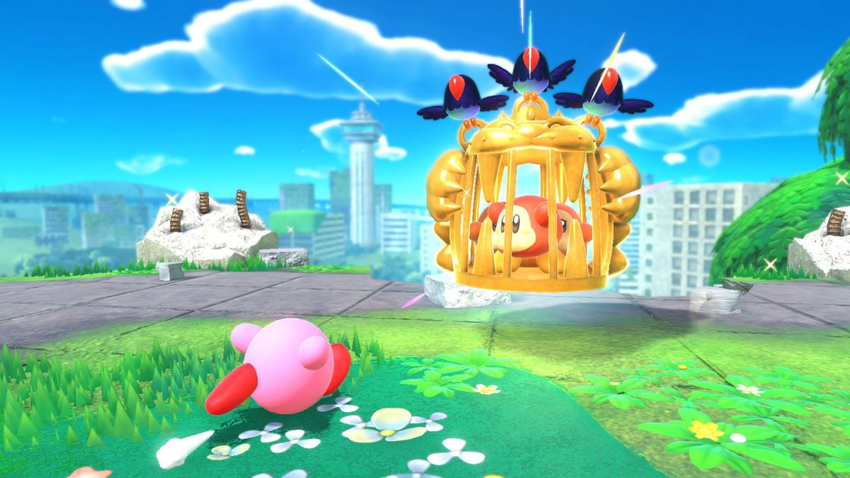 Kirby rescues some Waddle Dee in Kirby and the Forgotten Land
