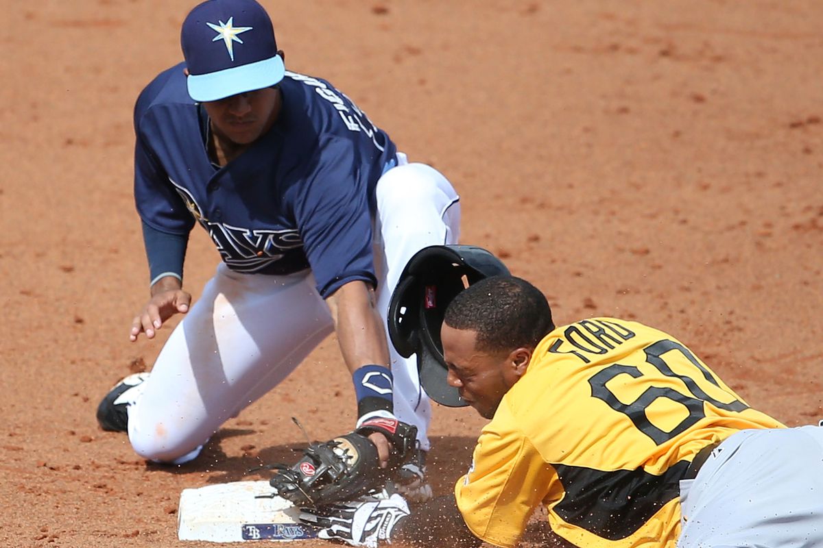 Cole Figueroa #87 of the Tampa Bay Rays makes the force out at second base on Darren Ford #60 of the Pittsburgh Pirates during the Spring Training game on February 23, 2013 in Port Charlotte, Florida.