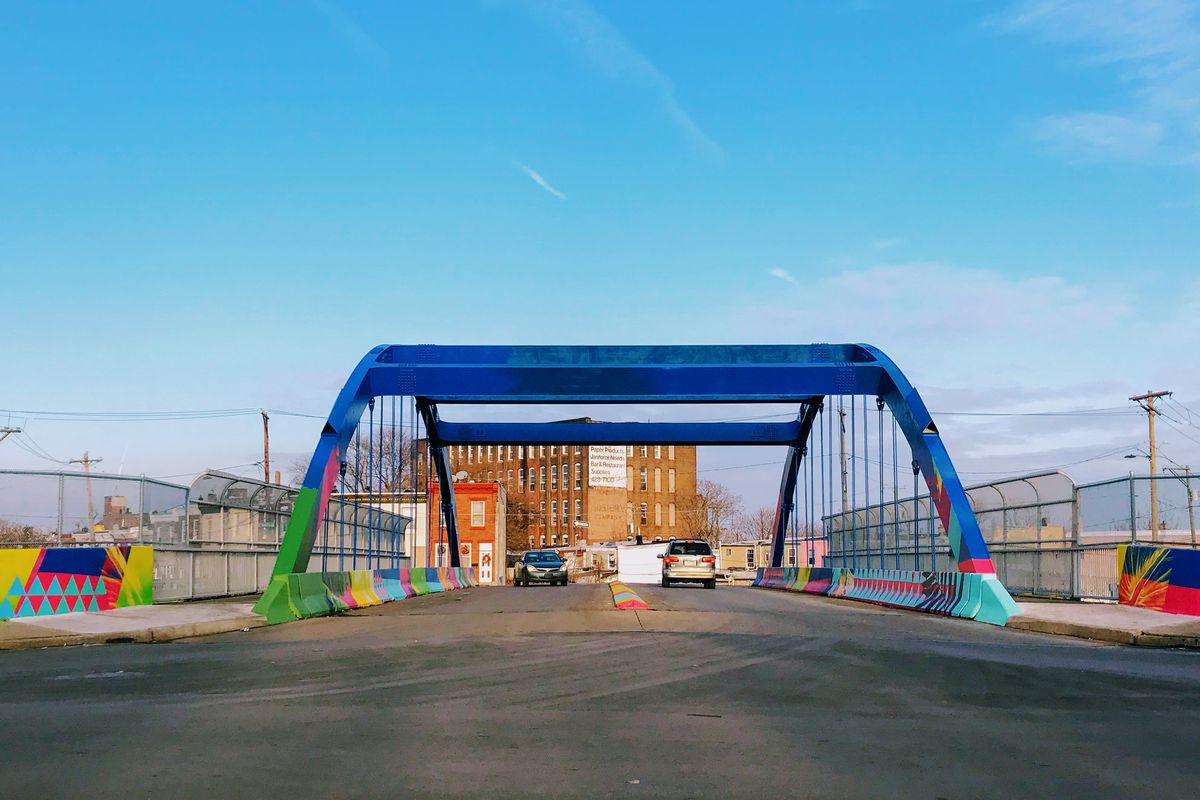 The B Street Bridge in Philadelphia which has a mural painted on it depicting a connection between cultures and the past and present.