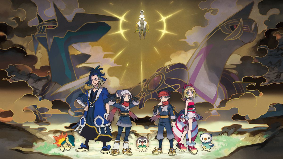 Arceus stands between Dialga and Palkia in the background as four trainers stand heroically in the front