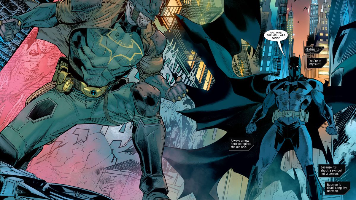 Bruce Wayne (Batman, in a stripped down and damaged suit) meets Tim Fox (Batman, with a mask that covers his entire face) in an alley in a futuristic Gotham City in Future State: Dark Detective #3, DC Comics (2021). 