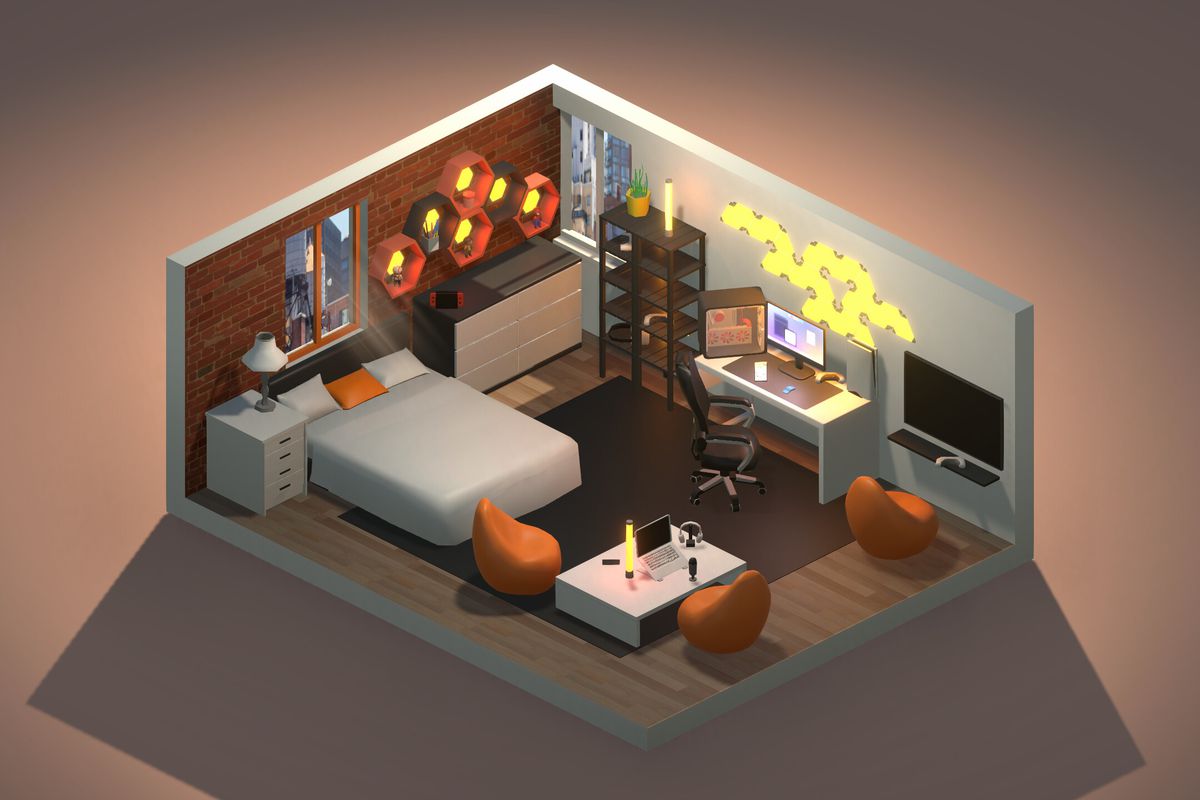 My Dream Studio - A carefully planned gamer bedroom, with exposed brick wall and honeycomb lights.