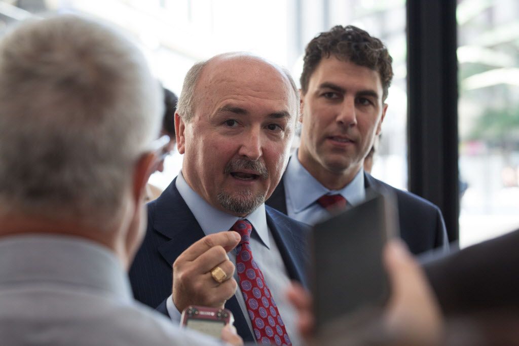 Attorney Tony Peraica (left), counsel for Jason Gonzales, (right) who ran against Illinois House Speaker Michael Madigan in the 2016 primary, speaks to reporters inside the Dirksen Federal Courthouse in 2016. File Photo. | Lou Foglia/Sun-Times