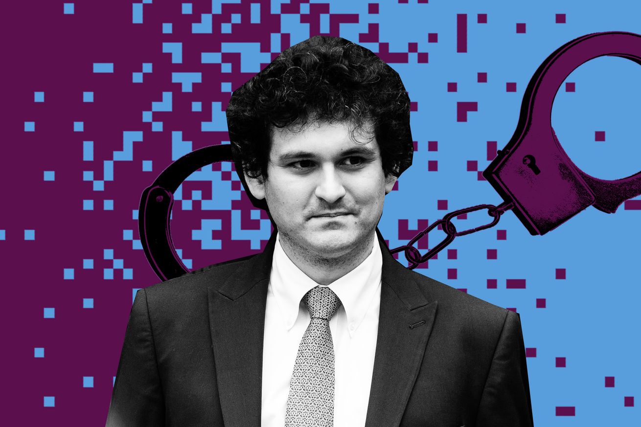Photo Illustration of Sam Bankman-Fried in front of a graphic background of pixels and handcuffs.