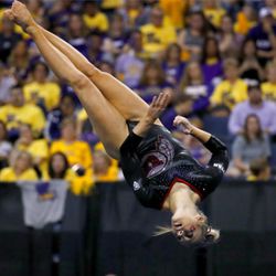 Utah's MyKayla Skinner competes on the floor exercise during the NCAA college women's gymnastics championships Saturday, April 15, 2017, in St. Louis. (AP Photo/Jeff Roberson)
