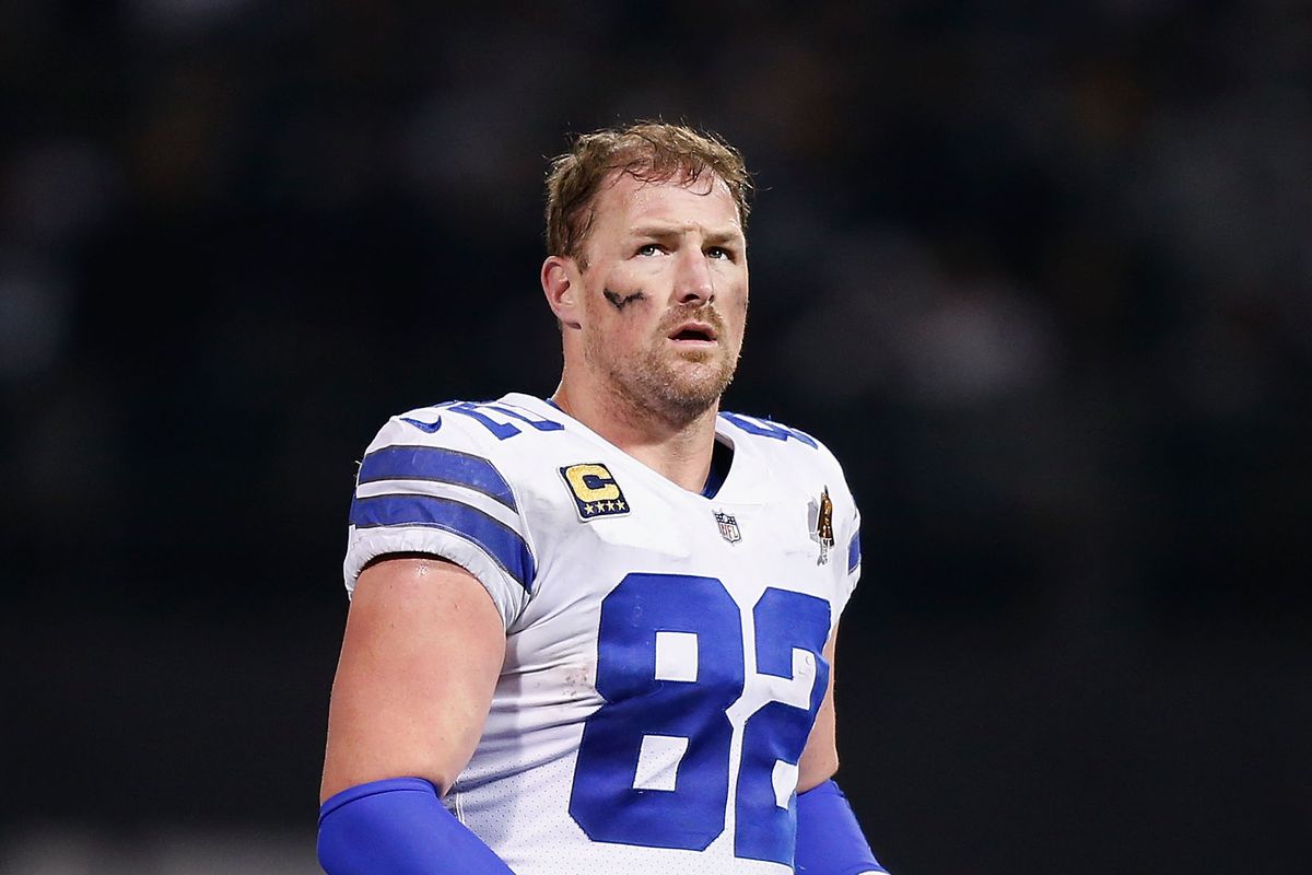 Jason Witten #82 of the Dallas Cowboys looks on during the game against the Oakland Raiders at Oakland-Alameda County Coliseum on December 17, 2017 in Oakland, California.