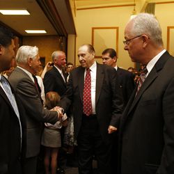 President Thomas S. Monson greets members after speaking at a sacrament meeting for the Etobicoke and Churchville YSA wards, Mississaugua Ontario Stake, on Sunday, June 26.