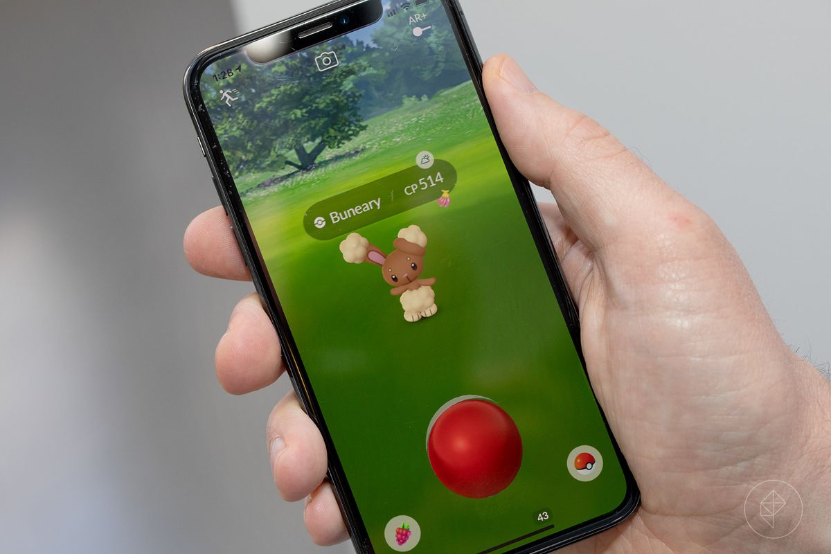 photo of a person holding an iPhone showing a Buneary in Pokemon Go