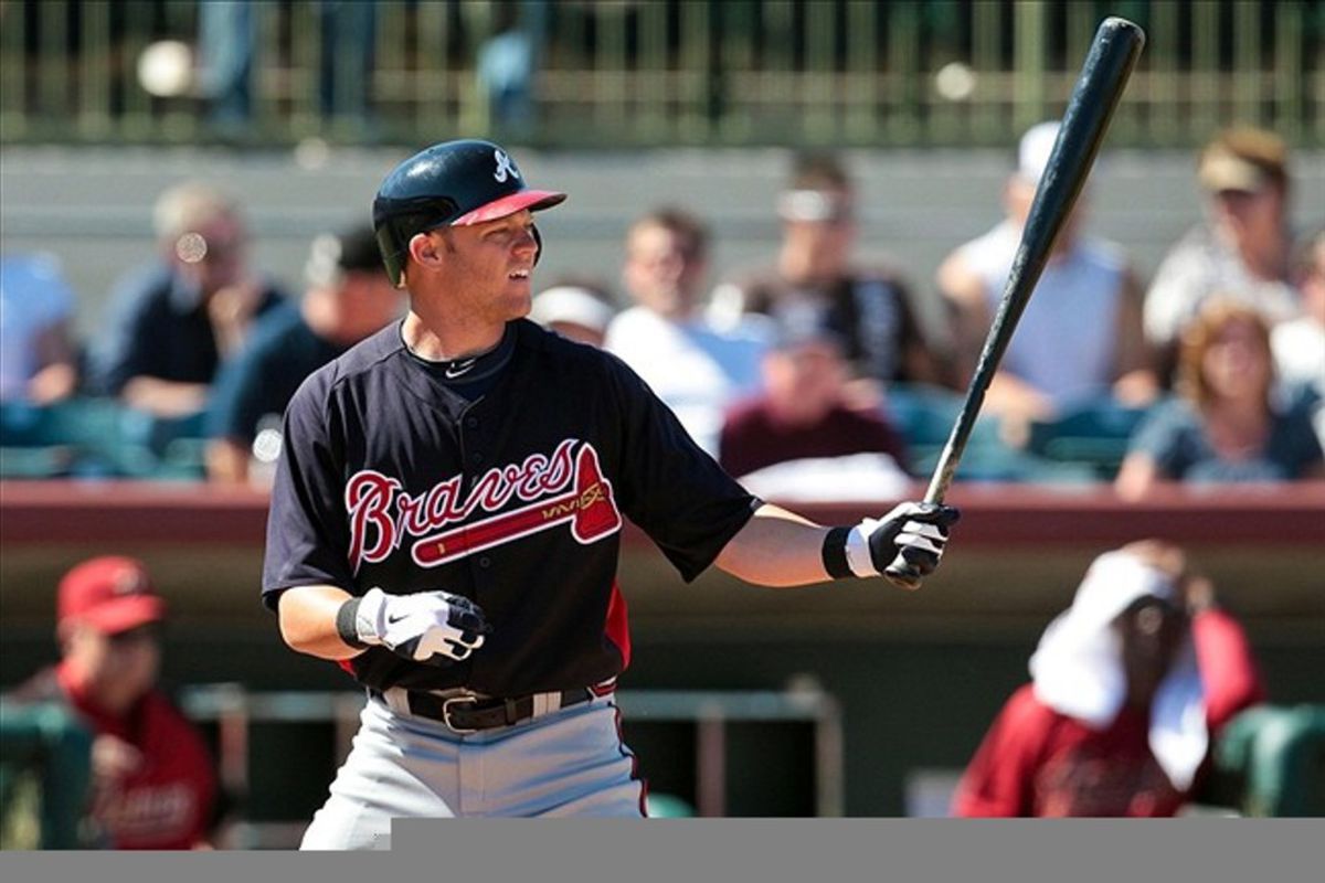 March 5, 2012; Kissimmee, FL, USA; Atlanta Braves shortstop Tyler Pastornicky (1) bats in the game against the Houston Astros at Osceola County Stadium. Mandatory Credit: Daniel Shirey-US PRESSWIRE