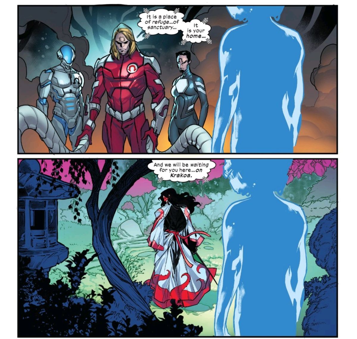 Professor Xavier invites mutant villains Omega Red and Gorgon to Krakoa via psychic projection, in Powers of X #5, Marvel Comics (2019). 