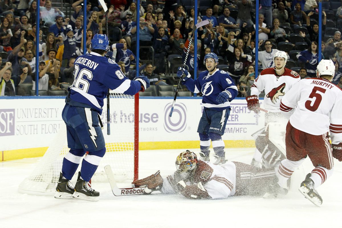Nikita Kucherov and Tyler Johnson teamed up for seven total points between them in Tampa Bay's 7-3 win over the Arizona Coyotes Tuesday night