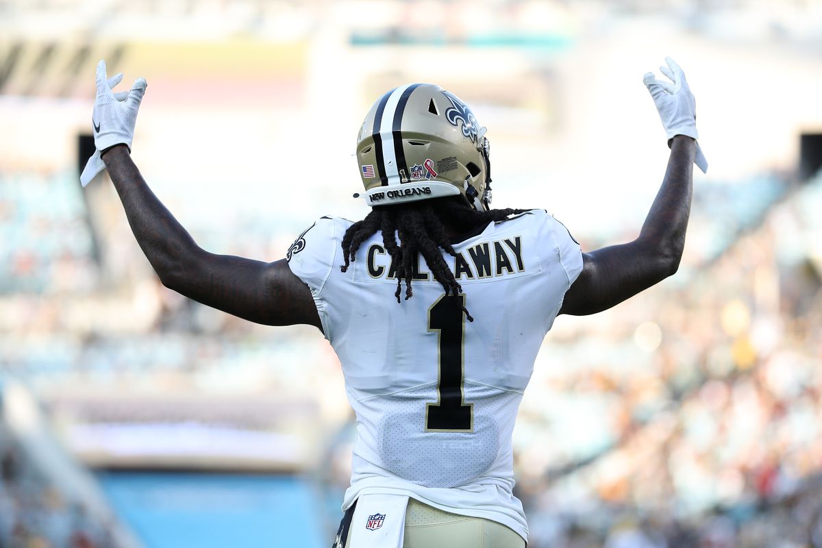 Marquez Callaway #1 of the New Orleans Saints reacts during the fourth quarter against the Green Bay Packers at TIAA Bank Field on September 12, 2021 in Jacksonville, Florida.