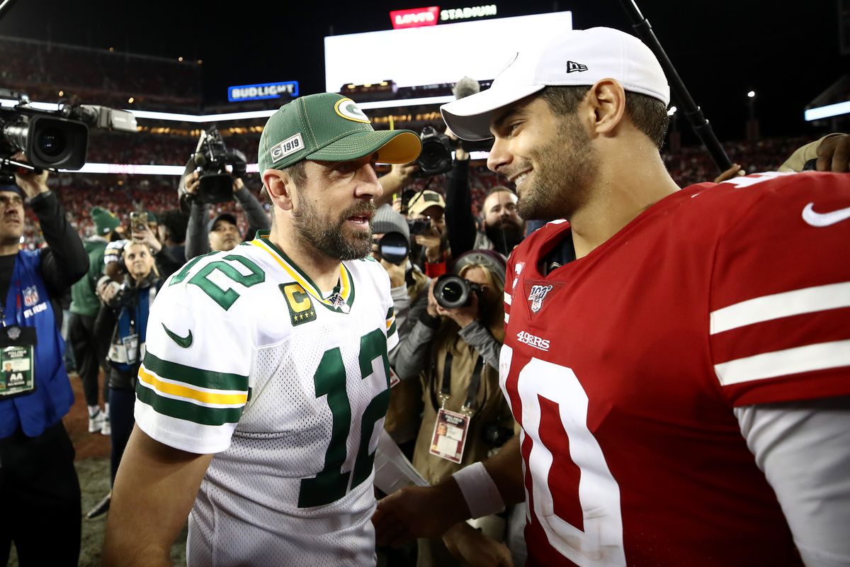Aaron Rodgers of the Green Bay Packers shakes hands with Jimmy Garoppolo of the San Francisco 49ers after their game at Levi’s Stadium on November 24, 2019 in Santa Clara, California.