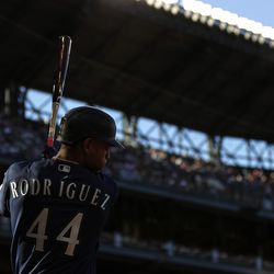 SEATTLE, WASHINGTON - SEPTEMBER 05: Julio Rodriguez #44 of the Seattle Mariners stands on deck during the second inning against the Chicago White Sox at T-Mobile Park on September 05, 2022 in Seattle, Washington.