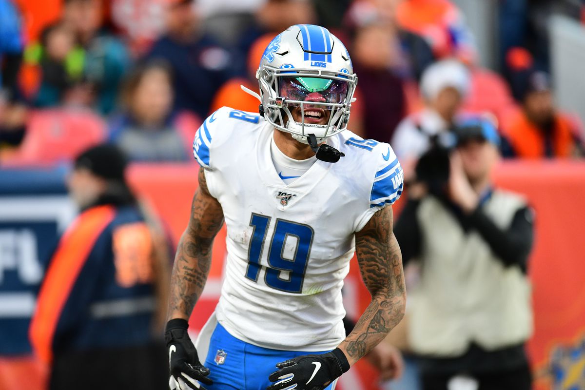 Detroit Lions wide receiver Kenny Golladay celebrates his touchdown reception in the third quarter against the Denver Broncos at Empower Field at Mile High.