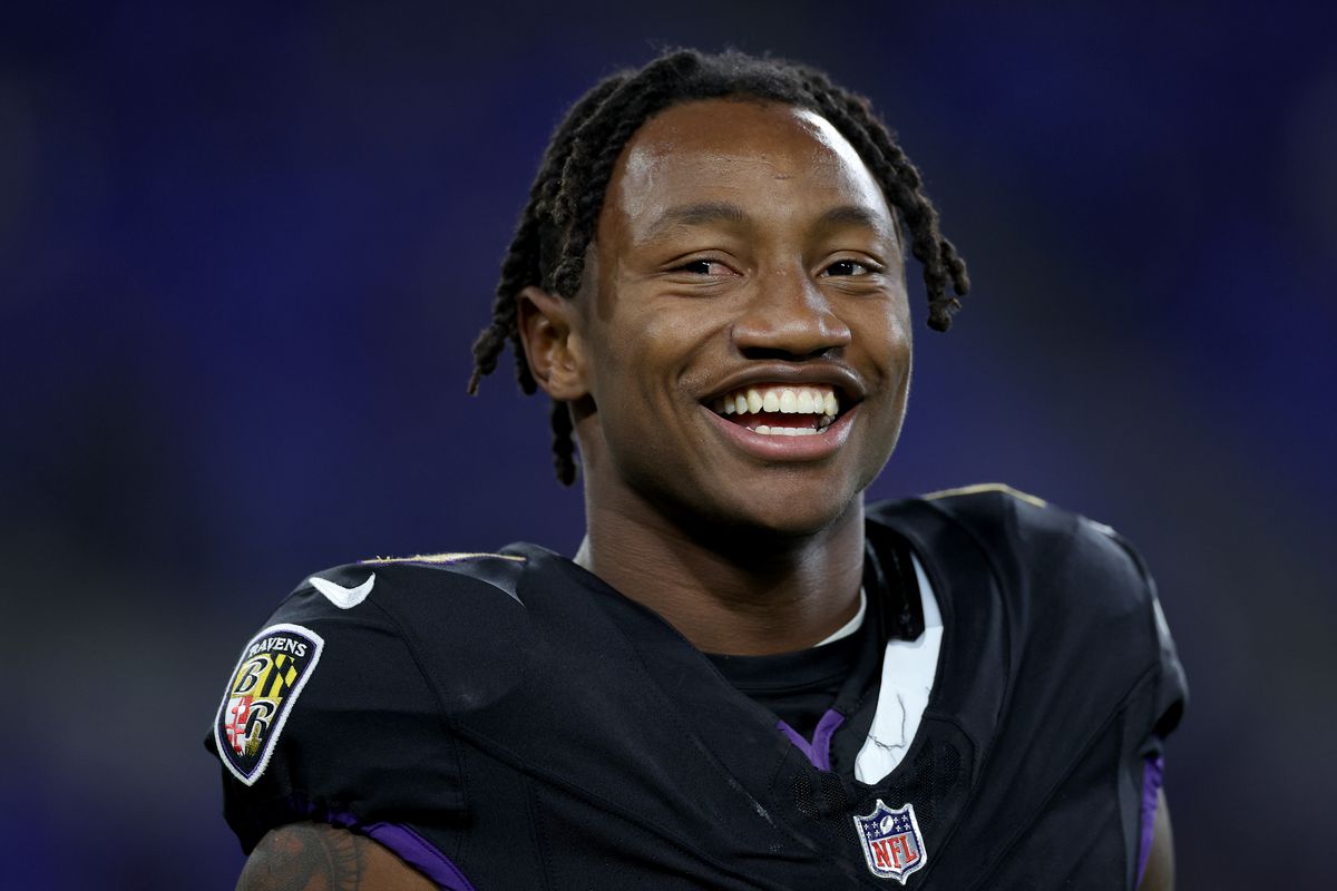 Zay Flowers #4 of the Baltimore Ravens smiles prior to the game against the Cincinnati Bengals at M&amp;T Bank Stadium on November 16, 2023 in Baltimore, Maryland.