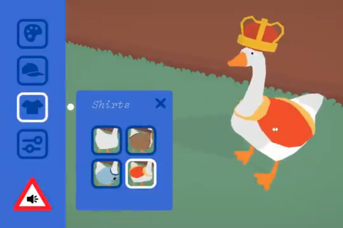 An Untitled Goose Game goose stands on the screen in a crown and royal cape, with many options to adjust the goose on the left side