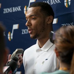 Joel Bolomboy, formerly of Weber State, talks to reporters during a press event introducing new Utah Jazz players at Vivint Smart Home Arena in Salt Lake City on Wednesday, June 29, 2016.