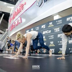 Holly Holm working out some fans at UFC 219 open workouts Thursday at T-Mobile Arena in Las Vegas.