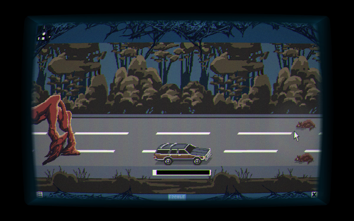 screenshot of a side-scrolling driving game in which a monster is chasing your station wagon