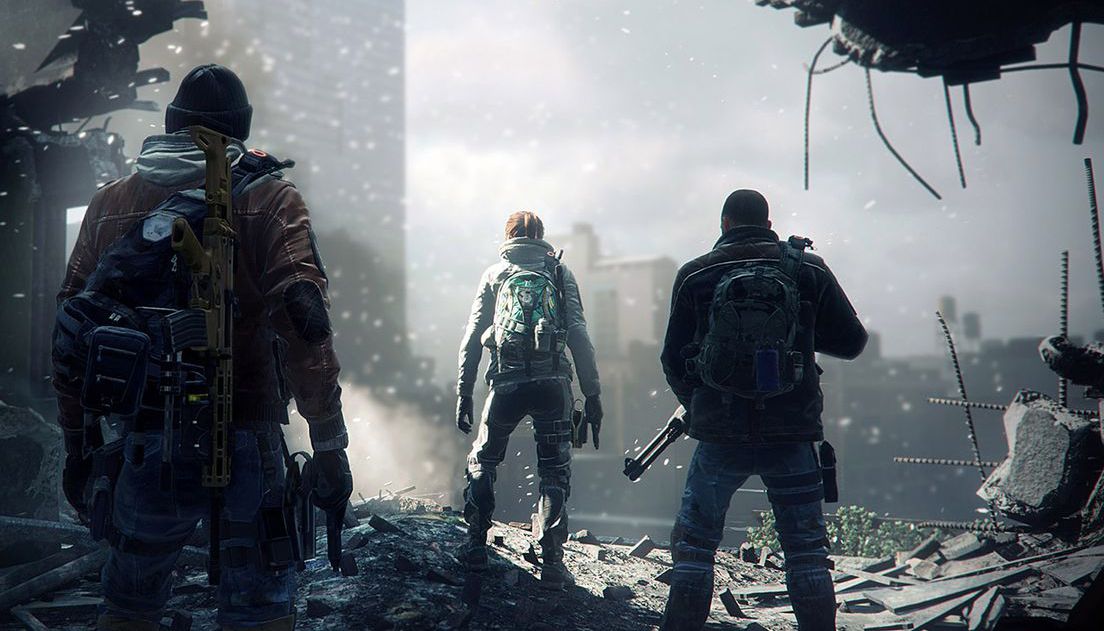 The Division screenshot-- three scavengers look through a hole in a run down skyscraper