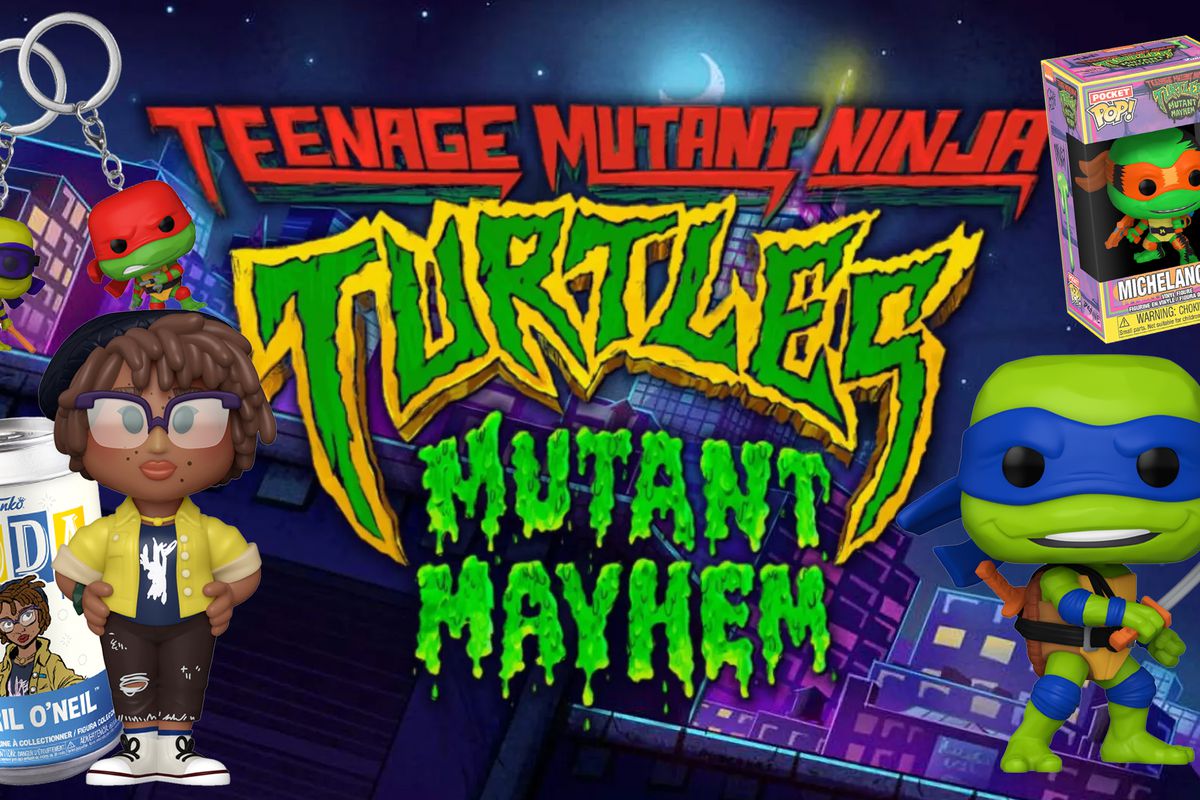 The TMNT: Mutant Mayhem logo surrounded by Funko POP! vinyl figures