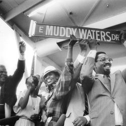 Mayor Harold Washington, Ald. Dorothy Tillman and Aid. Bobby Rush at a 1985 street renaming celebration.