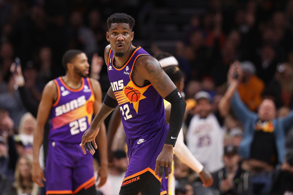 Deandre Ayton of the Phoenix Suns reacts after hitting a three-point shot against the Los Angeles Lakers during the second half of the NBA game at Footprint Center on December 19, 2022 in Phoenix, Arizona. The Suns defeated the Lakers 130-104.&nbsp;