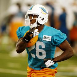 Jul 22, 2013; Davie, FL, USA; Miami Dolphins running back Lamar Miller (26) runs with the ball during  training camp at the Doctors Hospital Training Facility at Nova Southeastern University.