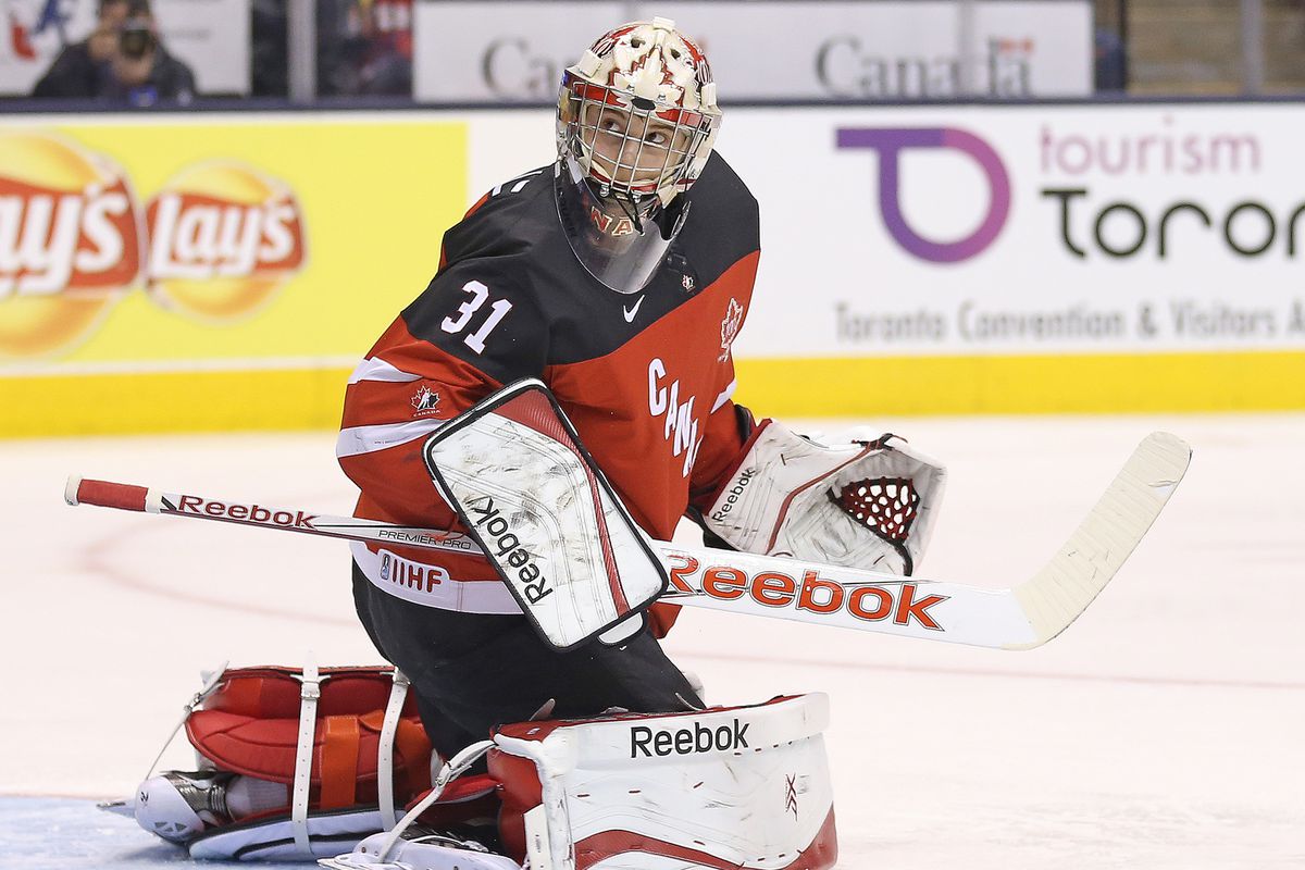 TORONTO, ON - JANUARY 5: Zach Fucale #31 of Team Canada watches for a rebound against Team Russia during the gold medal game in the 2015 IIHF World Junior Hockey Championship at the Air Canada Centre on January 5, 2015 in Toronto, Ontario, Canada. 
