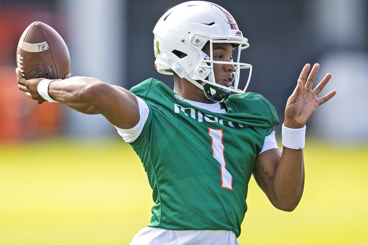 Miami Hurricanes quarterback D’Eriq King sets up to pass during practice on Monday, March 2, 2020 at the University of Miami’s Greentree Field in Coral Gables, Fla.