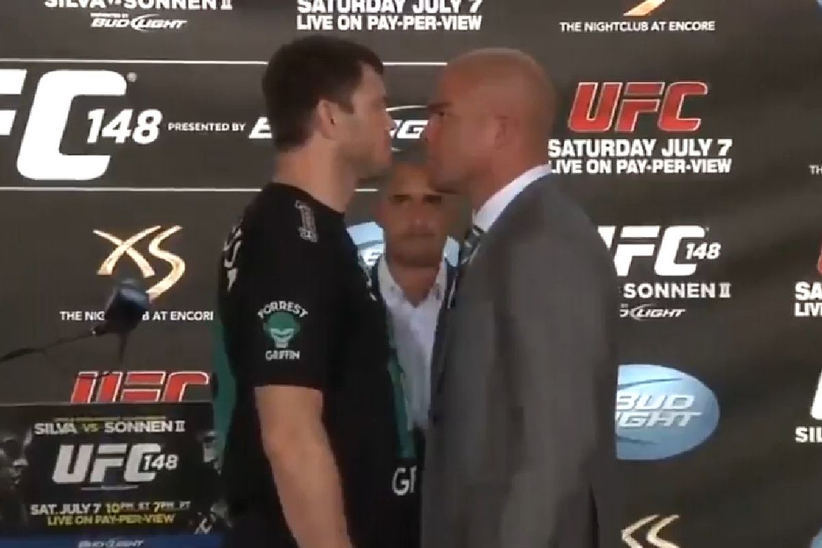 Forrest Griffin (left) and Tito Ortiz square off at today's <a href="http://www.mmamania.com/2012/7/5/3138459/ufc-148-press-conference-part-two-video-and-live-updates-today-july-5" target="new">UFC 148 pre-fight press conference</a> in Las Vegas.
