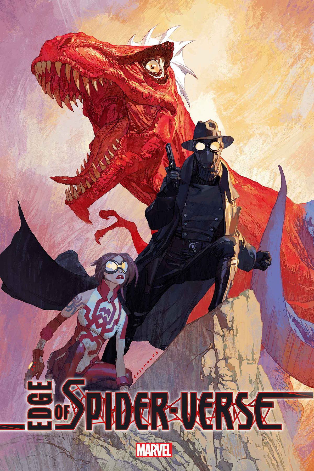 Araña, Spider-Man Noir ve Spider-Rex (Örümcek Adam renklerine sahip bir T. Rex), Edge of Spider-Verse #1 (2022) kapağında.