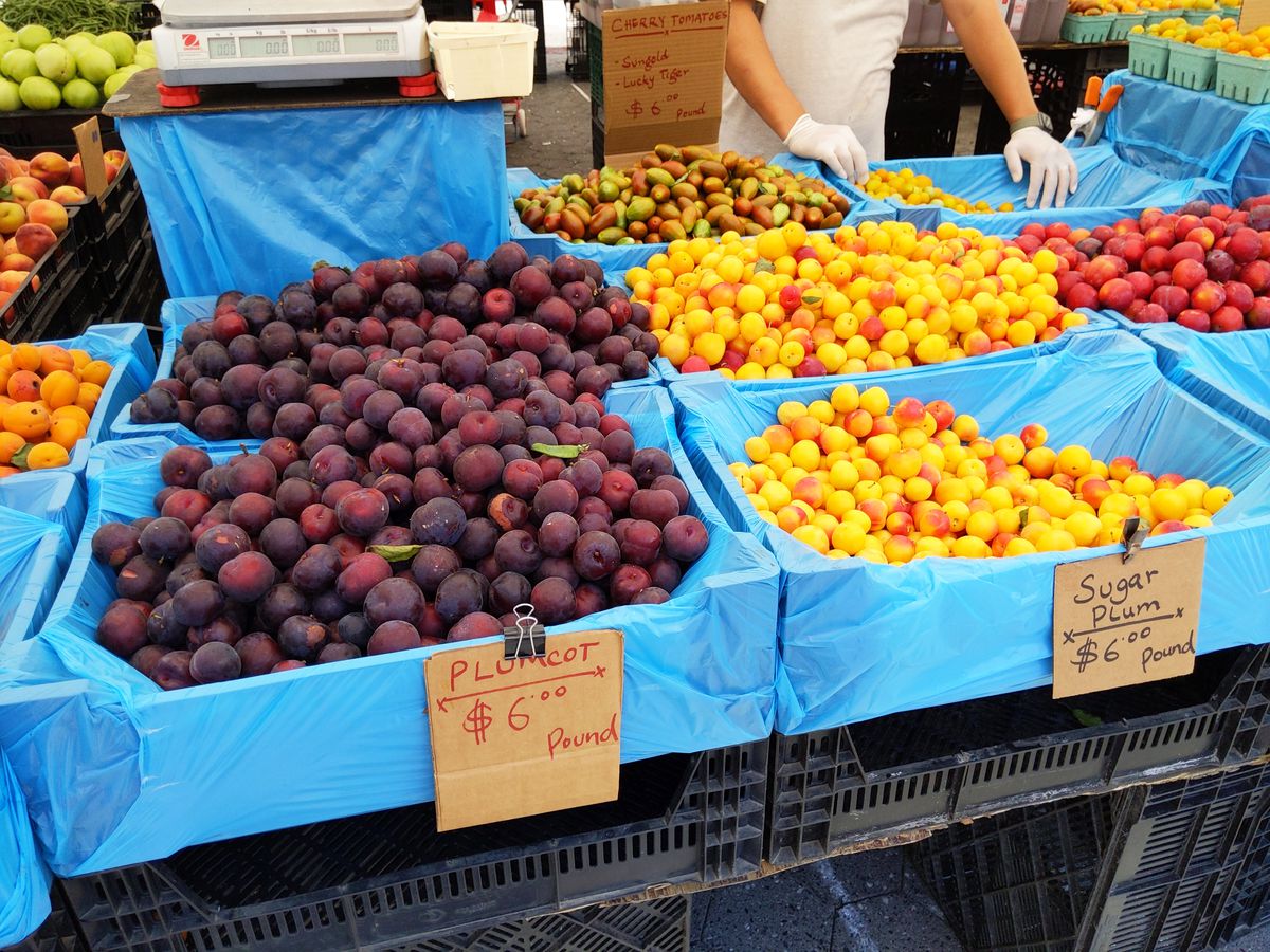 Farmers market wooden trays of plums in several colors.