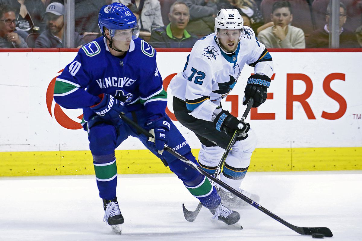 VANCOUVER, BC - APRIL 2: Tim Heed #72 of the San Jose Sharks checks Elias Pettersson #40 of the Vancouver Canucks during their NHL game at Rogers Arena April 2, 2019 in Vancouver, British Columbia, Canada. Vancouver won 4-2.