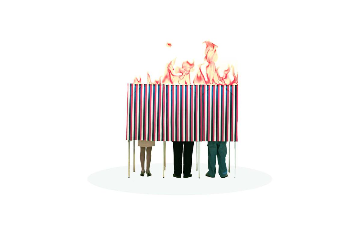 Three people in voting booths with flames coming out the top.
