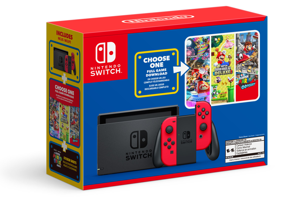 Promotional image of the Nintendo Switch Mario Choose One Bundle showing its red-and-blue box, which has an image of the Nintendo Switch on the front