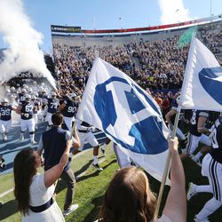 Brigham Young Cougars enter the stadium  in Provo on Saturday, Nov. 12, 2016.