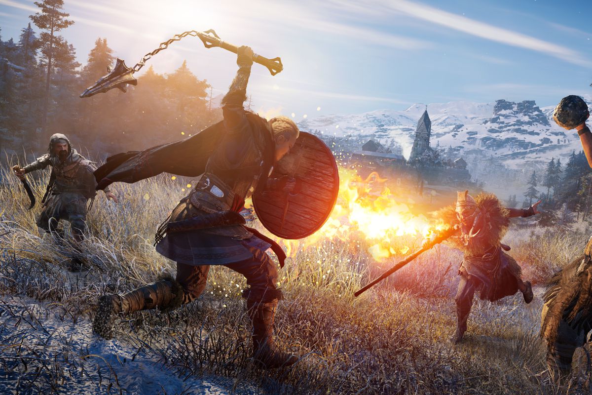 a female Eivor swings a weapon while fighting a group of enemies in Assassin’s Creed Valhalla
