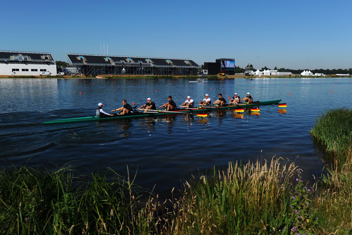 LONDON, ENGLAND - JULY 24:  The German Olympic Rowing Coxed Eights squad practises during rowing training at Eton Dorney on July 24, 2012 in London, England.  (Photo by Mike Hewitt/Getty Images)