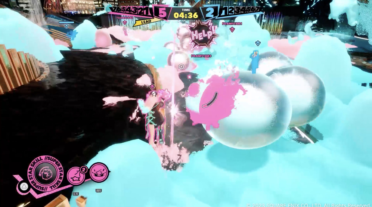 A Foamstars character runs through a ton of foam in the air as he shoots bubbles at the enemy side.  There is a pink bubble side and a blue color bubble side.  The setting resembles a shimmering golden cityscape and the field is largely covered in blue bubbles.