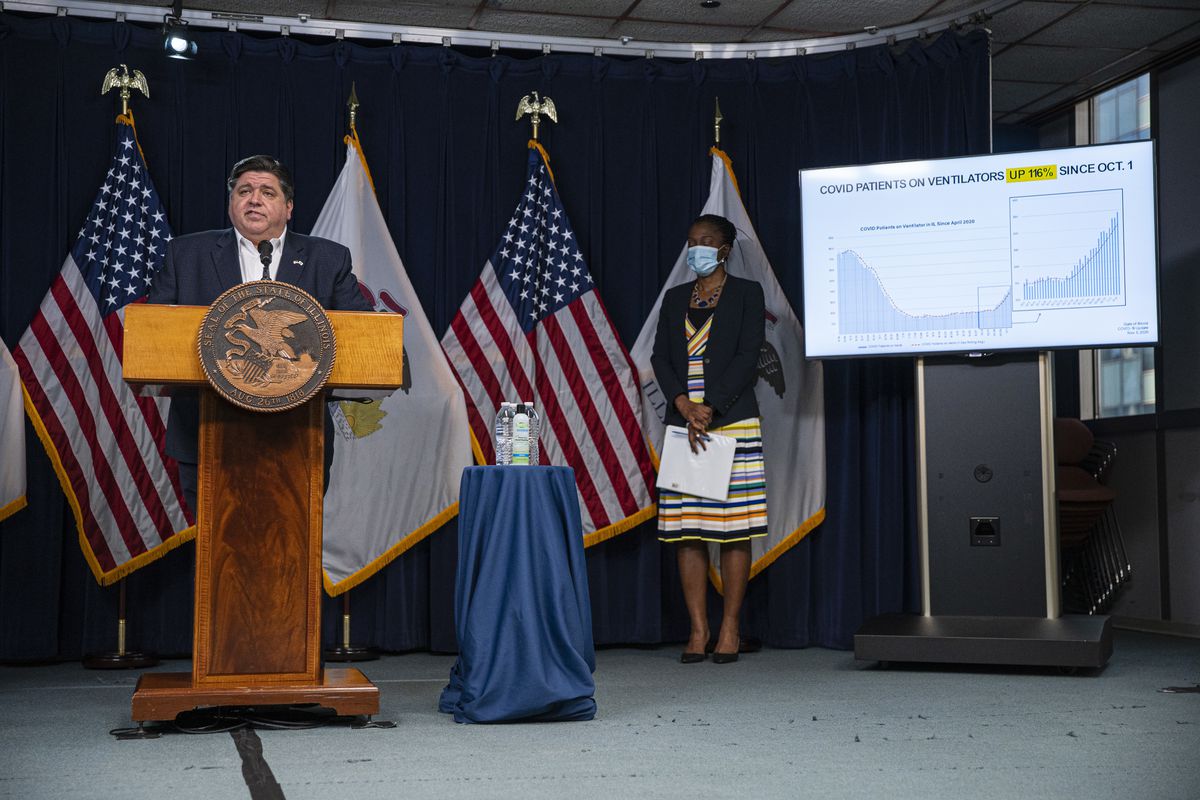 Gov. J.B. Pritzker updates the media on the latest COVID-19 numbers during his daily COVID-19 update at the James R. Thompson Center last week.