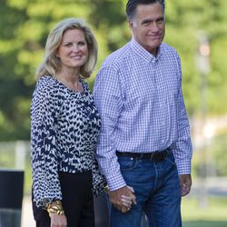 Republican presidential candidate, former Massachusetts Gov. Mitt Romney and his wife Ann, arrive at Brewster Academy, for convention preparations, Monday, Aug. 27, 2012, in Wolfeboro, N.H.  